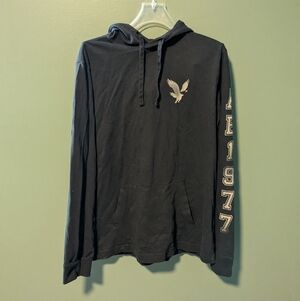 American Eagle Men's Black Hooded Long-Sleeve Shirt With Graphic